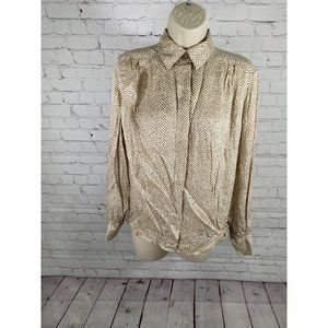 Vintage Oval Room All Silk Brown White Long Sleeve Button Up High Neck Shirt 10